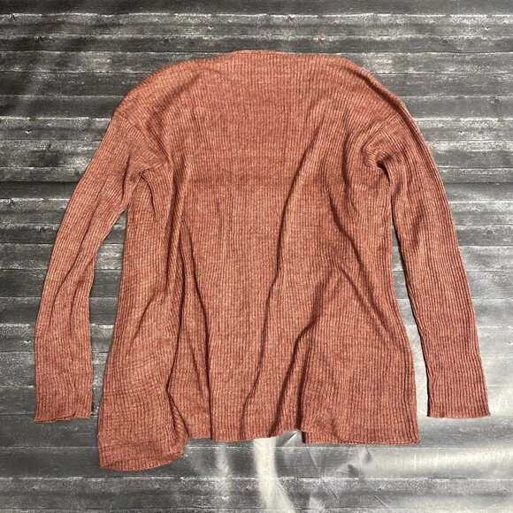 EILEEN FISHER RUSTIC BROWN RED RIBBED KNIT OPEN FRONT CARDIGAN BOHO COTTAGECORE - Picture 4 of 6